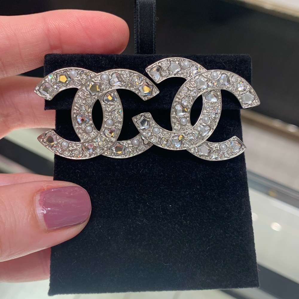 Brand new Rare authentic extra large CC Chanel Silver Crystal Earrings,must have